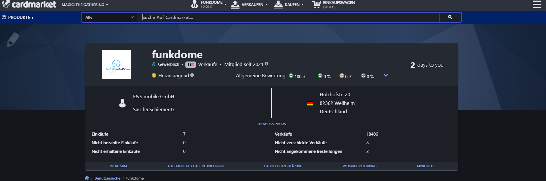 Cardmarket Verkäuferprofil funkdome: 18.406 Verkäufe, 100% positive Bewertung, Status Herausragend